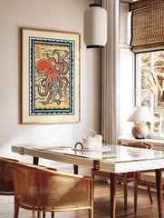 Japanese Ukiyo-e style octopus wall art print in red and blue, featuring a detailed octopus illustration with waves and border. - Image 2