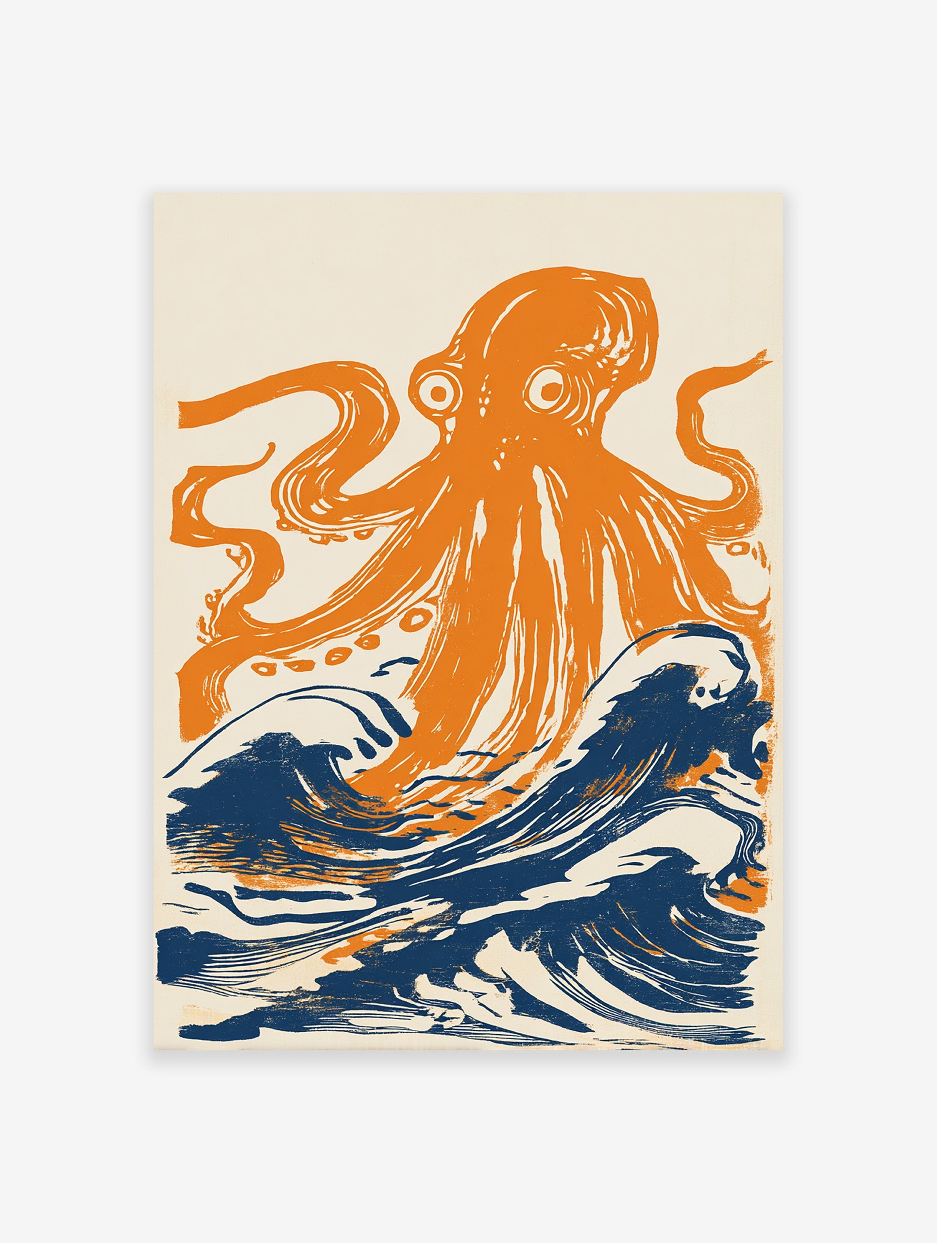 Orange octopus illustration emerging from dark blue waves on a light background, bold marine creature wall art print.