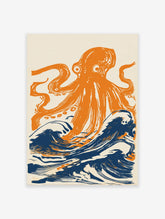 Orange octopus illustration emerging from dark blue waves on a light background, bold marine creature wall art print.