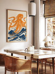 Orange octopus illustration emerging from dark blue waves on a light background, bold marine creature wall art print. - Image 3