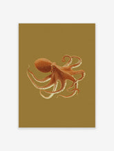 Orange octopus illustration with curled tentacles and white suckers on a mustard background