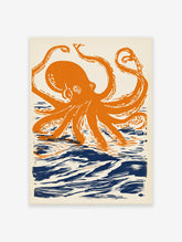 Orange octopus wall art print with dark blue ocean waves on a cream background, illustrated in a linocut style.
