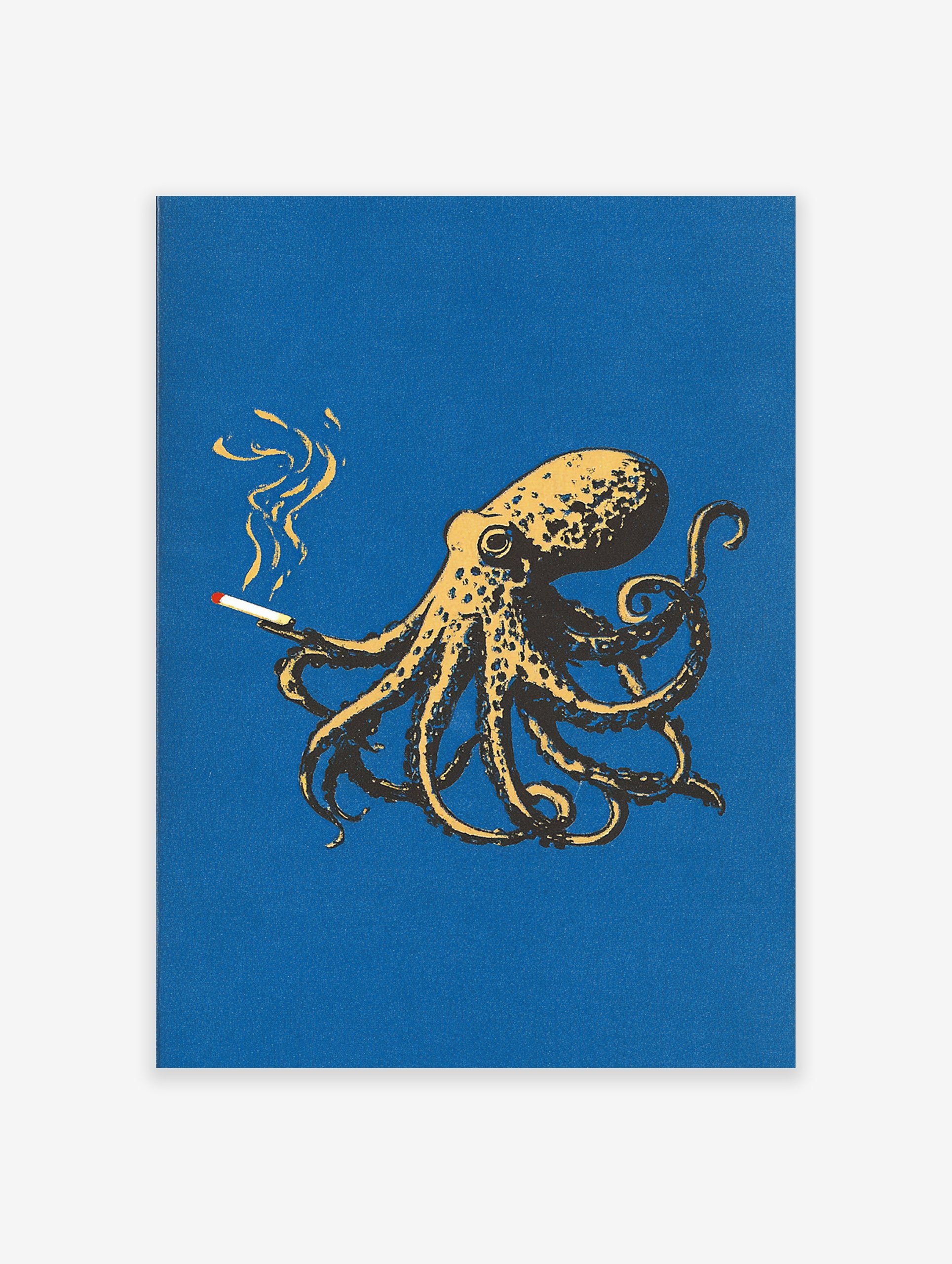 Illustrated blue and yellow octopus smoking a cigarette on a dark blue background. Quirky octopus wall art print.