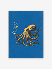 Illustrated blue and yellow octopus smoking a cigarette on a dark blue background. Quirky octopus wall art print.