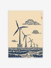 Navy blue offshore wind turbines in stylised waves with swirling clouds on beige paper print