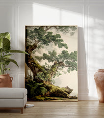 Detailed botanical illustration poster of an old, moss-covered oak tree with lush green foliage against a light background. - Image 3