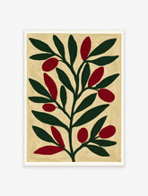 Botanical olive branch illustration with red fruits and dark green leaves on a cream background