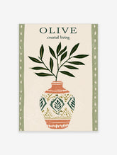 Olive branch poster with dark green leaves in a patterned terracotta vase, cream background, OLIVE text