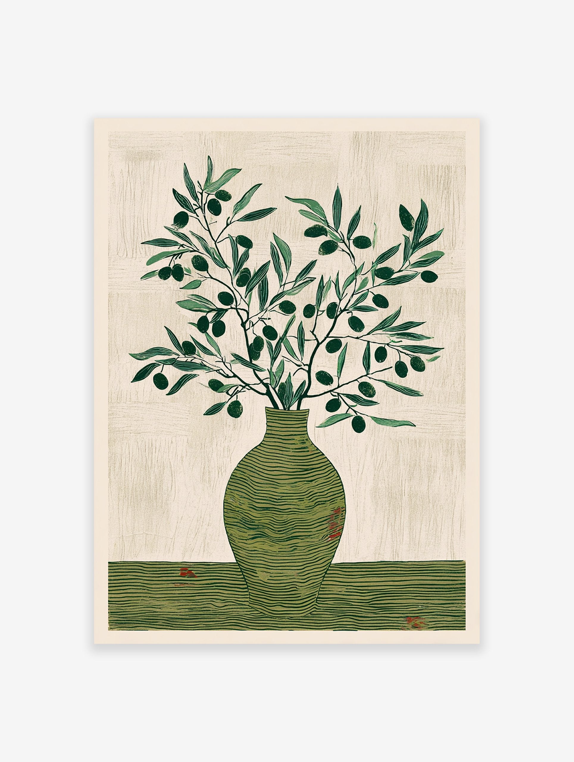 Olive branch botanical illustration wall art print featuring green olives in a textured green vase on a light background.