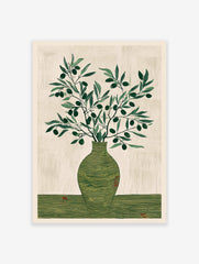 Olive branch botanical illustration wall art print featuring green olives in a textured green vase on a light background.