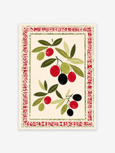 Olive Branch Wall Art print with green leaves, red and black olives, and a red and green decorative border on a cream background.