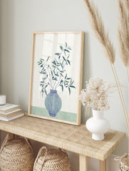 Olive Branch Wall Art featuring green leaves and blue olives in a blue striped vase on a light background - Image 3
