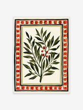 Botanical olive branch illustration with red berries and a decorative geometric border on a cream background