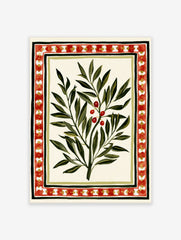 Botanical olive branch illustration with red berries and a decorative geometric border on a cream background