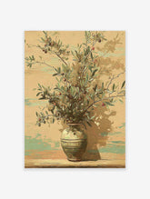 Vintage style olive branch wall art print featuring green leaves and red olives in a patterned vase on a textured background.