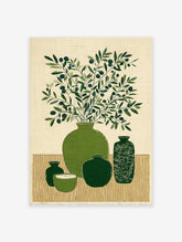 Illustration of green olive branches with dark olives in a large green vase, surrounded by other green ceramic pots.