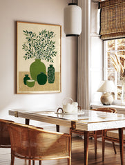 Illustration of green olive branches with dark olives in a large green vase, surrounded by other green ceramic pots. - Image 3