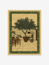Vintage illustration of an olive tree in a terracotta pot within a Mediterranean courtyard, with stone walls and a green border.