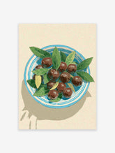 Illustrative olives wall art print with dark olives and green bay leaves in a blue and white striped bowl on a light background.