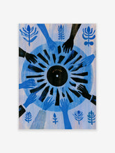 Graphic illustration of hands reaching toward a black vinyl record labelled ON RECORD on a blue background