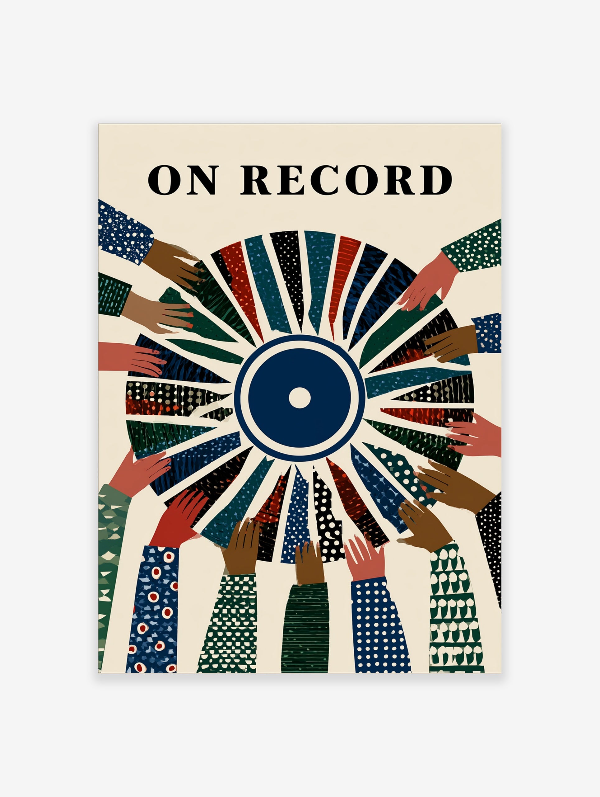 Illustrative On Record wall art featuring diverse hands holding a segmented vinyl record with colourful geometric patterns