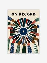 Illustrative On Record wall art featuring diverse hands holding a segmented vinyl record with colourful geometric patterns