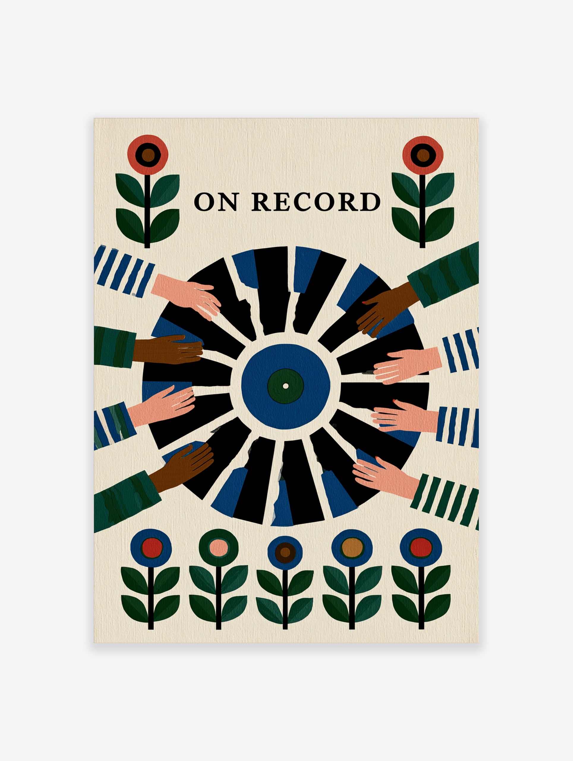 On Record wall art print showing a vinyl record held by multiple hands with floral motifs in a retro illustrative style