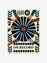 Graphic wall art print titled ON RECORD featuring a central vinyl record with reaching hands on a patterned background
