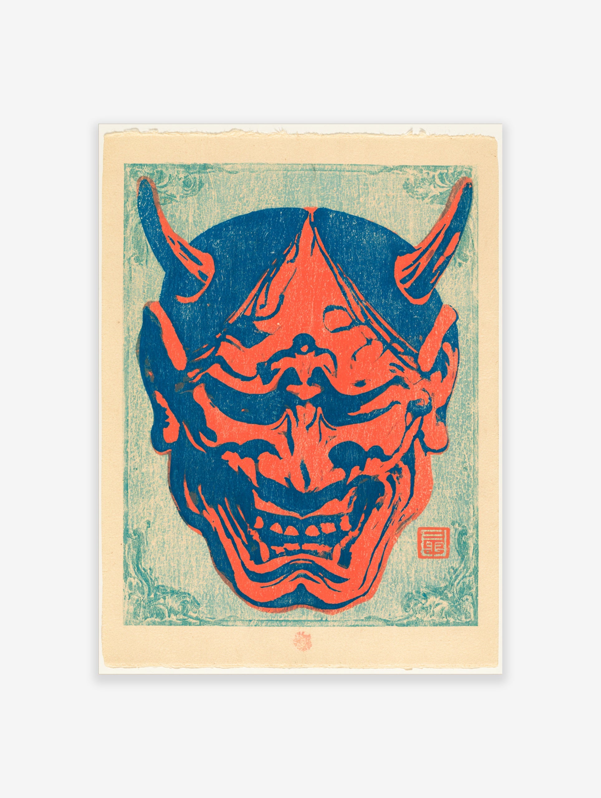 Japanese Oni mask illustration in bold red and blue colours, featuring sharp horns and bared teeth on a textured background