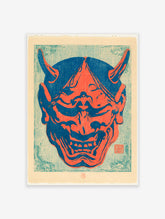 Japanese Oni mask illustration in bold red and blue colours, featuring sharp horns and bared teeth on a textured background