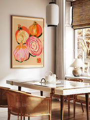 Stylised onion and garlic illustration on textured tan paper with a red artist stamp detail, in a styled room mockup
