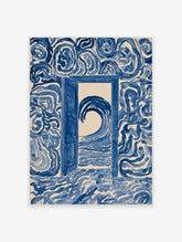 Surreal art print of an open door with a crashing ocean wave and swirling blue patterns on a white background