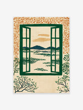 Open window landscape wall art illustration with green window frame, blue mountains, green trees, and orange leafy border.