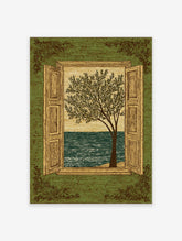 Woodcut style open window wall art showing a tree on a small beach next to a wavy ocean, green wall, and open shutters.