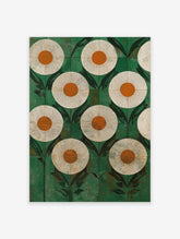 Modern orange and green flower wall art with a repeating botanical pattern of stylized daisies and leaves on a textured background.