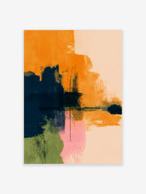 Abstract wall art with orange, navy, pink, and green brushstrokes creating a textured, layered composition