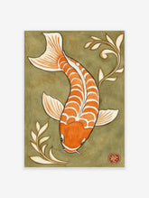 Orange and white koi fish illustration with white plant motifs on an olive green background