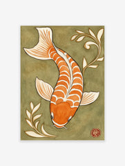 Orange and white koi fish illustration with white plant motifs on an olive green background