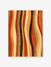 Wavy vertical stripes in orange, red, black, and olive form an abstract retro pattern with a concentric oval motif