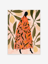 Illustrated poster of a woman in an orange botanical coat with lemons and leaves on pink background