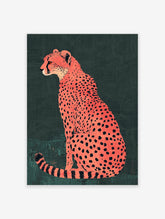 Orange cheetah poster illustration with black spots sitting against a dark green textured background.