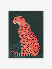 Orange cheetah poster illustration with black spots sitting against a dark green textured background.