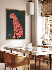 Orange cheetah poster illustration with black spots sitting against a dark green textured background. - Image 2