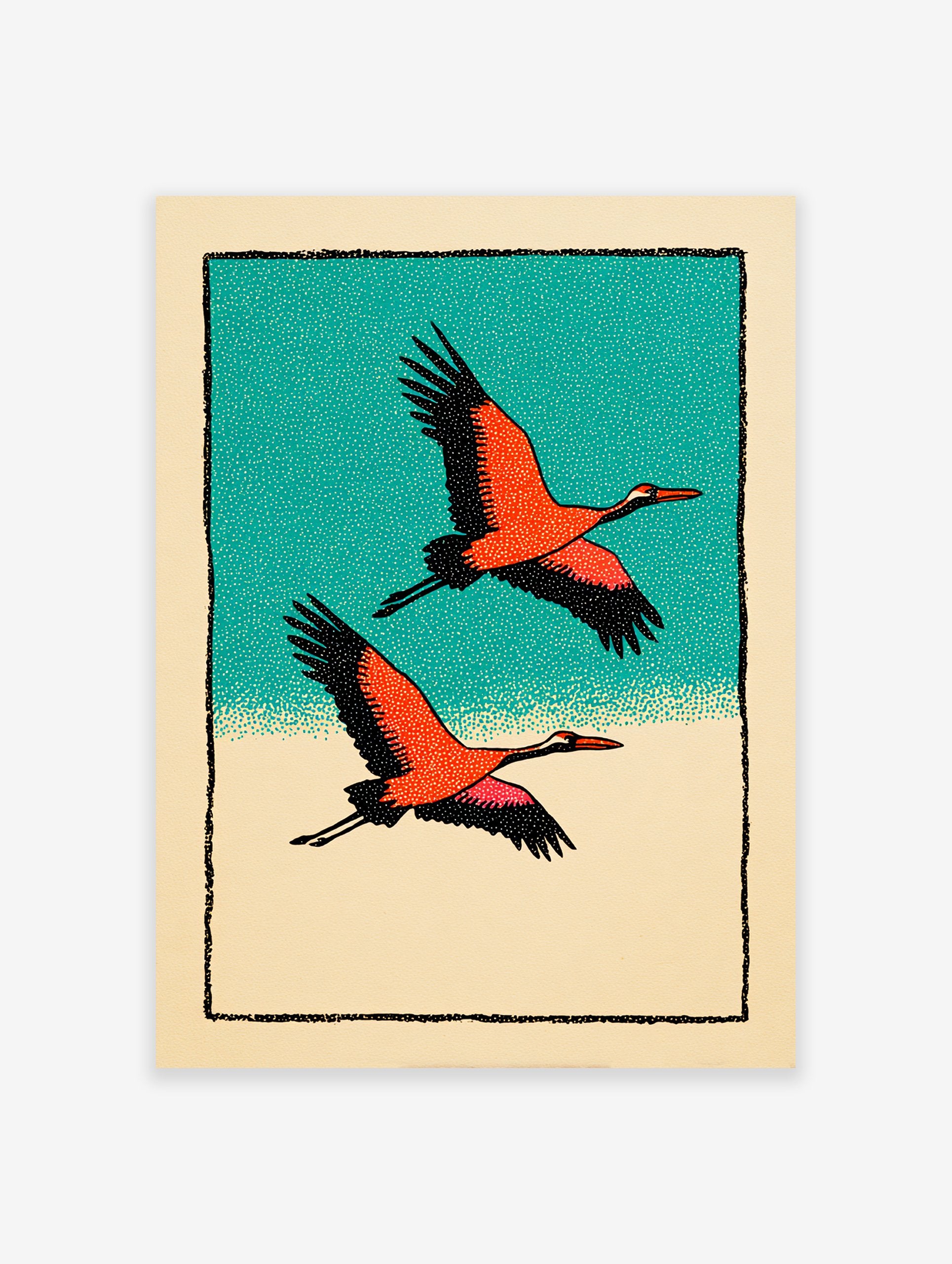 Two orange and black cranes flying against a teal sky and beige ground, in a Japanese illustrative wall art print.