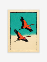 Two orange and black cranes flying against a teal sky and beige ground, in a Japanese illustrative wall art print.