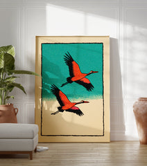 Two orange and black cranes flying against a teal sky and beige ground, in a Japanese illustrative wall art print. - Image 3