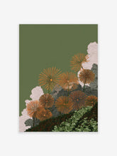 Orange Dandelion Botanical Wall Art print featuring spiky orange flowers, green foliage, and light clouds on a dark green background.
