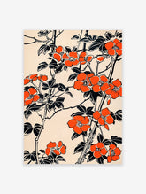 Orange floral poster featuring stylized Japanese botanical art with vibrant orange flowers and black leaves on a light background.