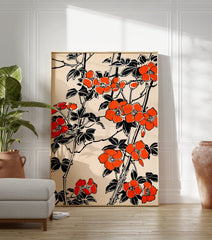 Orange floral poster featuring stylized Japanese botanical art with vibrant orange flowers and black leaves on a light background. - Image 3