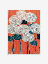 Orange Floral Poster featuring stylized white and blue flowers with dark leaves against a vibrant striped orange background in a Japanese woodblock print style.